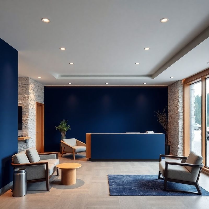 Recepcija ljubljanske pisarne Atelja Kovačič z indigo poudarki