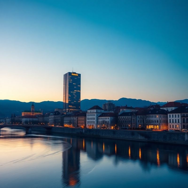 Ljubljanska panorama v mraku z indigo tonom — sedež Atelja Kovačič