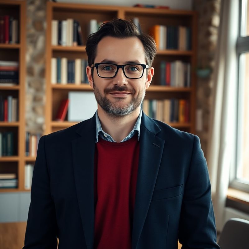 Portret starejšega svetovalca v ljubljanski pisarni z indigo tonom