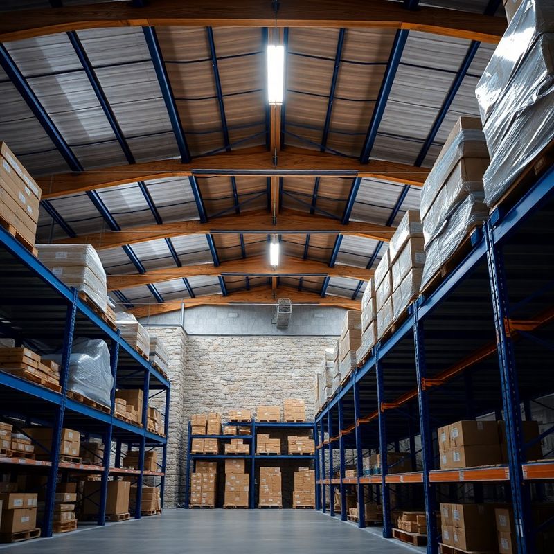 Notranjost logističnega skladišča z urejenimi policami in indigo osvetljavo